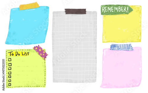 Set cute colorful memo notepad sticky notes to do list post it crayon watercolour kids doodle illustration pastel color digital planner journal sticker reminder message clipart vector