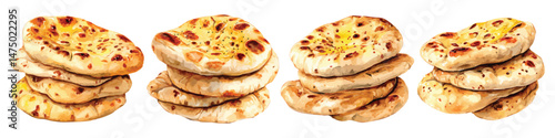 Set watercolor stack traditional naan flat breads isolated on transparent background