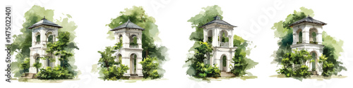Set watercolor classical small stone pavilions with greenery trees plants isolated on transparent background