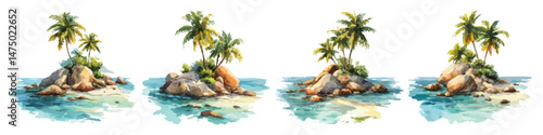 Set watercolor tropical islands with palm trees and ocean isolated on transparent background