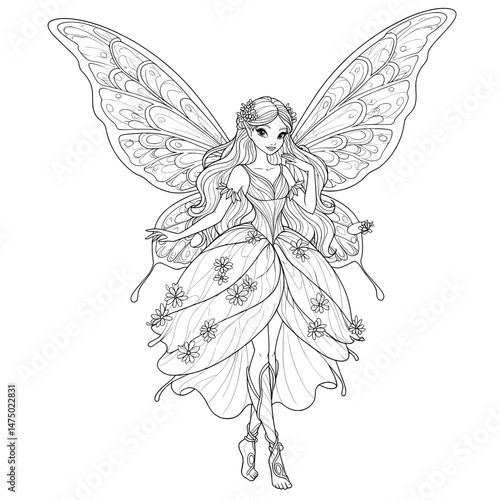 Intricate fairy stands with wings, flowers adorn dress and hair, detailed line art illustration