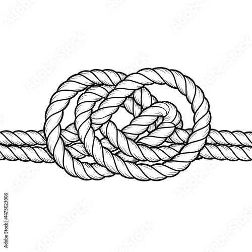 Knotty Graphic  Rope tangle drawing, entwined in a semi-circular design, black outlines on white