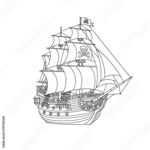Pirate Ship Detailed line drawing of a pirate ship sailing, skull & crossbones flags