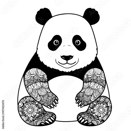 An adorable panda illustration with a playful and engaging demeanor in black and white