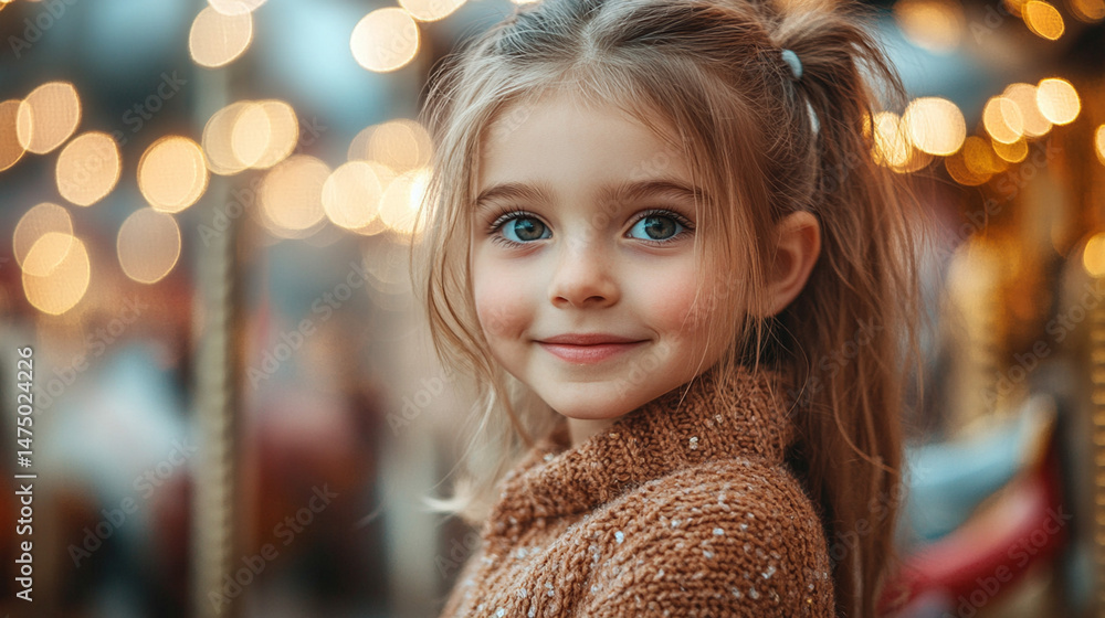 Smiling girl at carousel with blurred lights in background Smiling girl at carousel with blurred lights in background