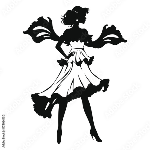 Elegant Black Formal Ruffled Dress Vector Silhouette/A sophisticated black and white silhouette of a woman wearing a beautiful, ruffled dress and flowing fabric accents.