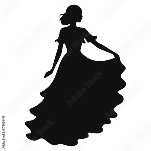 Elegant Black Formal Ruffled Dress Vector Silhouette/A graceful, black silhouette of a woman in a flowing ball gown.
