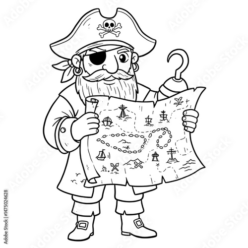 Pirate with eyepatch, beard, and hook holding a treasure map illustration