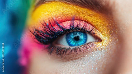A stunning close-up shot of an eye adorned with vibrant and colorful makeup blending hues of pink, orange, and blue, creating an artistic visual appeal.
