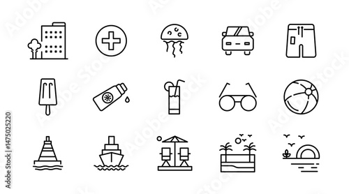 Beach line icon set. Travel, summer, vacation, surfboard, holiday, tourism, hotel, passport, maps, landscape, sea, tour, outline linear icon collection. Vector thin icon pack