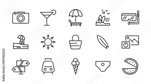 Beach line icon set. Travel, summer, vacation, surfboard, holiday, tourism, hotel, passport, maps, landscape, sea, tour, outline linear icon collection. Vector thin icon pack