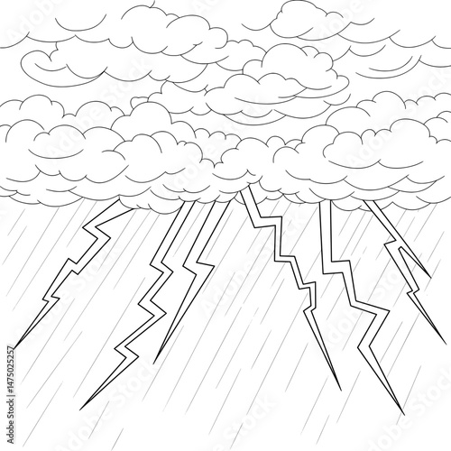 Stormy Weather Line art shows clouds, lightning bolts, and rain, creating a dramatic scene