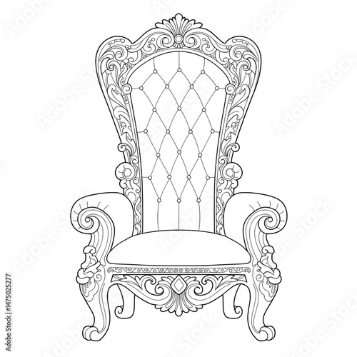 Ornate Throne  detailed curls, a tufted back, and armrests with spiraling patterns