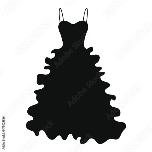 Elegant Black Formal Ruffled Dress Vector Silhouette/A simple, elegant silhouette of a black formal dress with shoulder straps and a full, ruffled skirt.