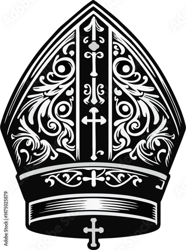 Gothic Bishop Mitre Illustration with Cross and Ornate Floral Patterns – Black and White Ecclesiastical Vector Design