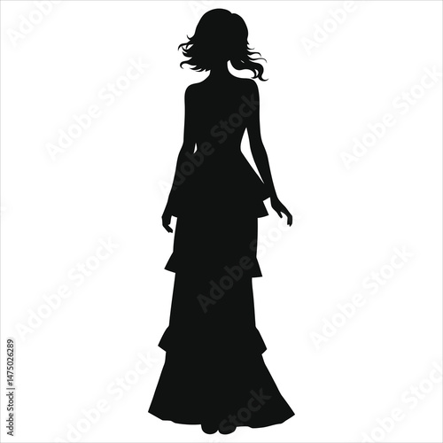 Vector Silhouette of a Woman in a Tiered Dress/A striking silhouette of a woman wearing a flowing, tiered dress.