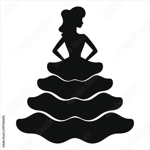 Vector Silhouette of a Woman in a Tiered Ball Gown/A black silhouette of a woman wearing a tiered ball gown.
