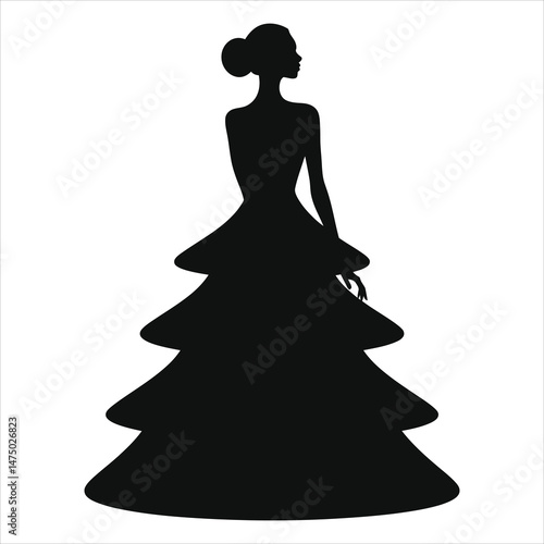 Vector Silhouette of a Woman in a Tiered Ball Gown/Elegant Silhouette of a Woman in a Tiered Ball Gown