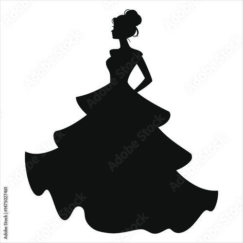 Vector Silhouette of a Woman in a Ball Gown(Tiered Dress)/A stylish silhouette of a woman wearing a tiered ball gown.