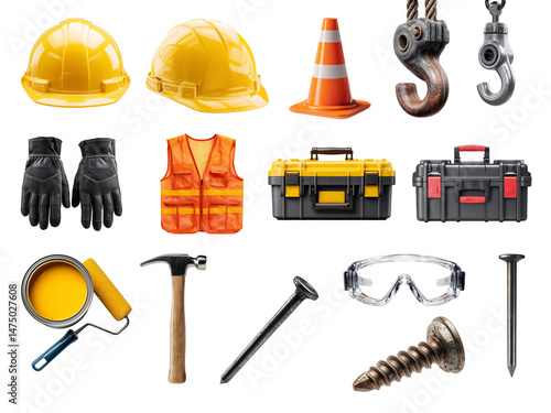 Construction tools and equipment PNG set on transparent background