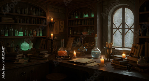 A Mystic Alchemist's Laboratory: Elixirs, Candles, and Ancient Scrolls Illuminate a Room Steeped in History and Mystery.