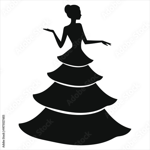 Vector Silhouette of a Woman in a Ball Gown(Tiered Dress)/A stylish silhouette of a woman wearing a tiered ball gown.