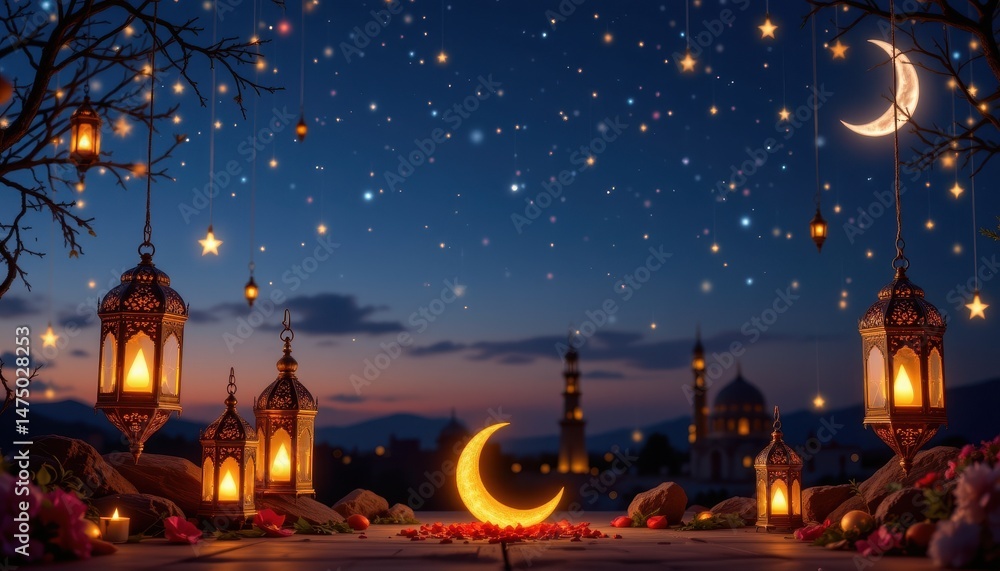 Fototapeta premium Eid mubarak celebration festive evening community gathering islamic holiday background joyful viewpoint al-fitr occasion