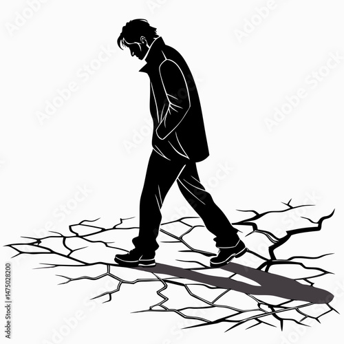 silhouette of a person standing on ice cracks forming beneath their feet background