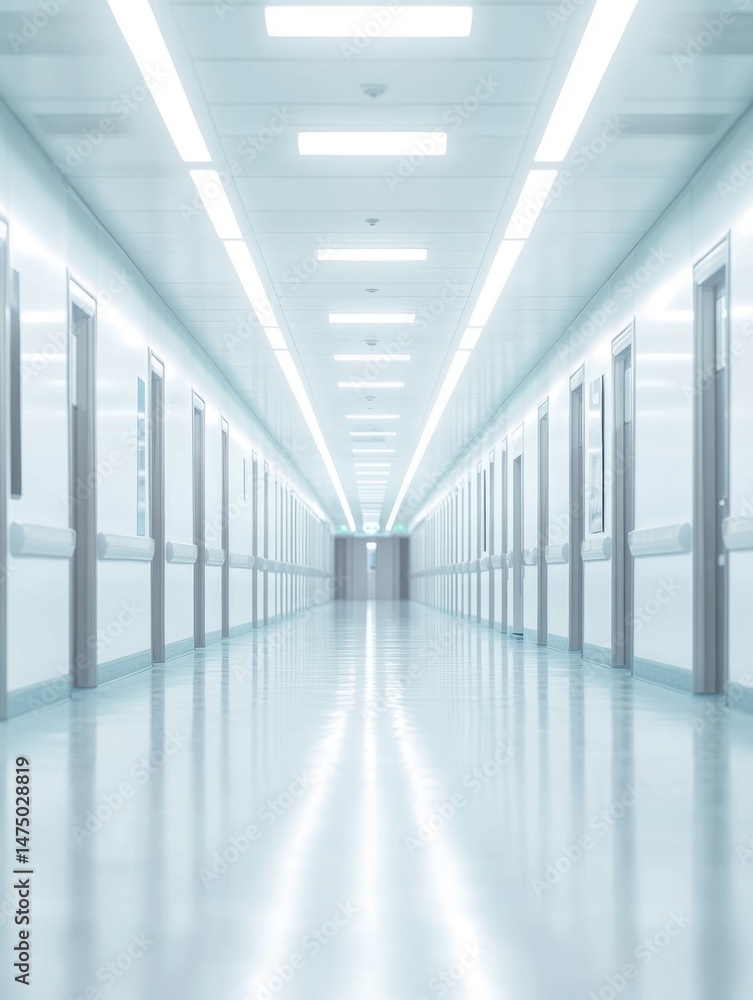 Empty Hospital Hallway Perspective View Showing Doors and Lights in a Modern Medical Clinic Interior Design Architecture with Cleanliness and Hygiene Empty Hospital Hallway Perspective View Showing Doors and Lights in a Modern Medical Clinic Interior Design Architecture with Cleanliness and Hygiene