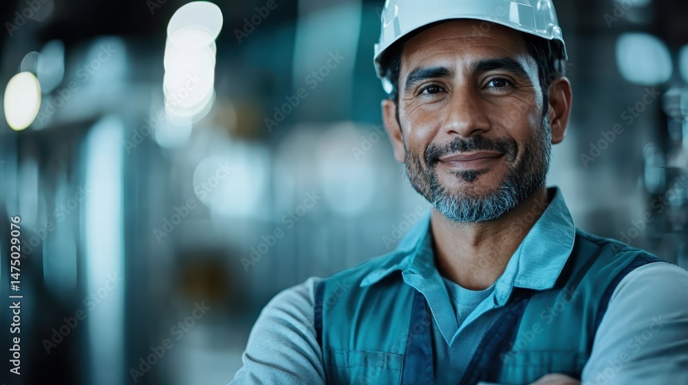 A confident worker stands proudly in an industrial setting, conveying professionalism and expertise, embodying hard work and dedication in a modern workplace environment. A confident worker stands proudly in an industrial setting, conveying professionalism and expertise, embodying hard work and dedication in a modern workplace environment.