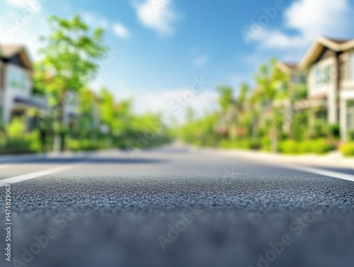Asphalt road leading into blurred suburban neighborhood on sunny day low angle view in residential community