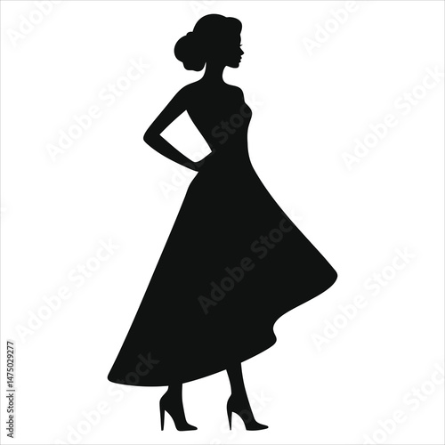 Vector Silhouette of a Woman in a ( Asymmetrical hem)Dress//Elegant Silhouette of a Woman in a Fashionable Dress