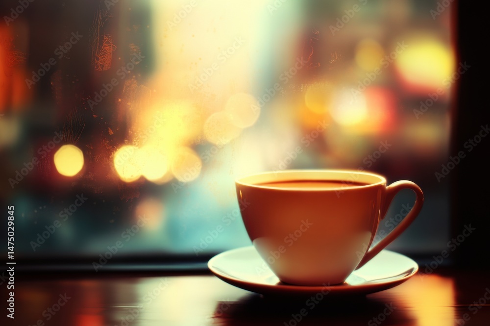 custom made wallpaper toronto digitalSteaming Coffee Cup on Table by Window with Bokeh Lights at Night Close Up Warm Drink Relaxation