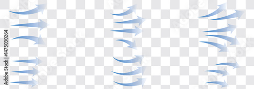 Set of blue arrow showing wind air flow isolated on white background, air direction signs