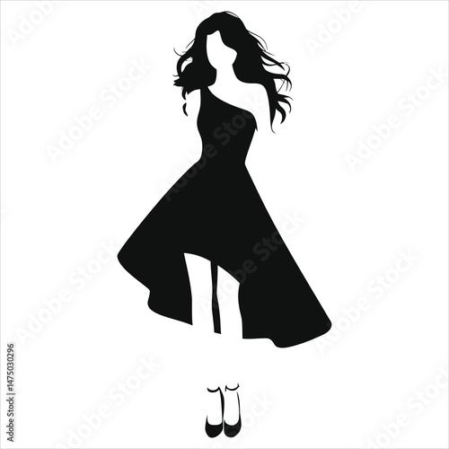 Vector Silhouette of a Woman in a Flowing (Asymmetrical hem) Dress/A stylish, black silhouette of a woman wearing a flowing, one-shoulder dress.
