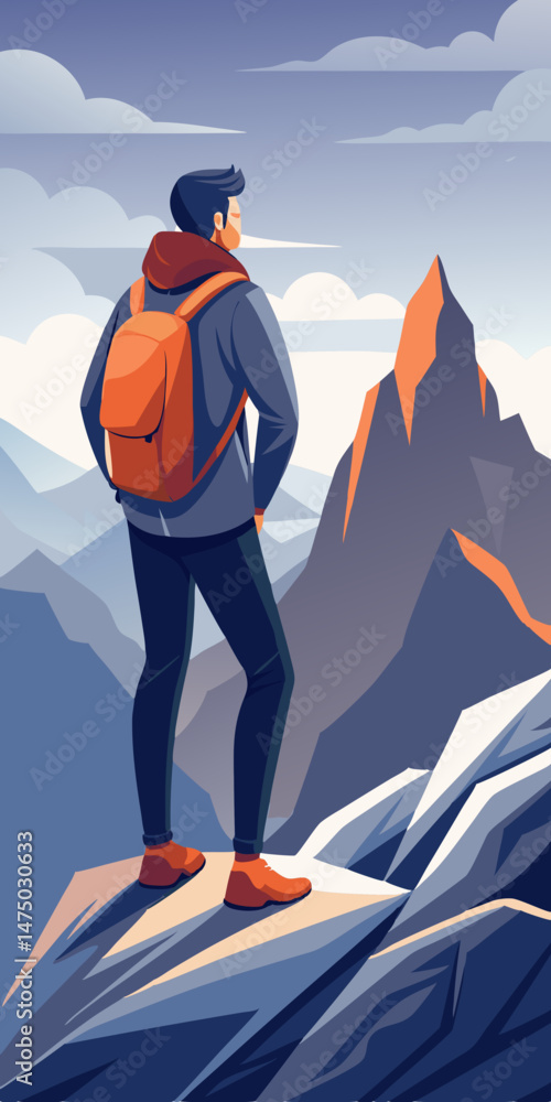 Fototapeta premium Hiker Contemplating Majestic Mountain Range View