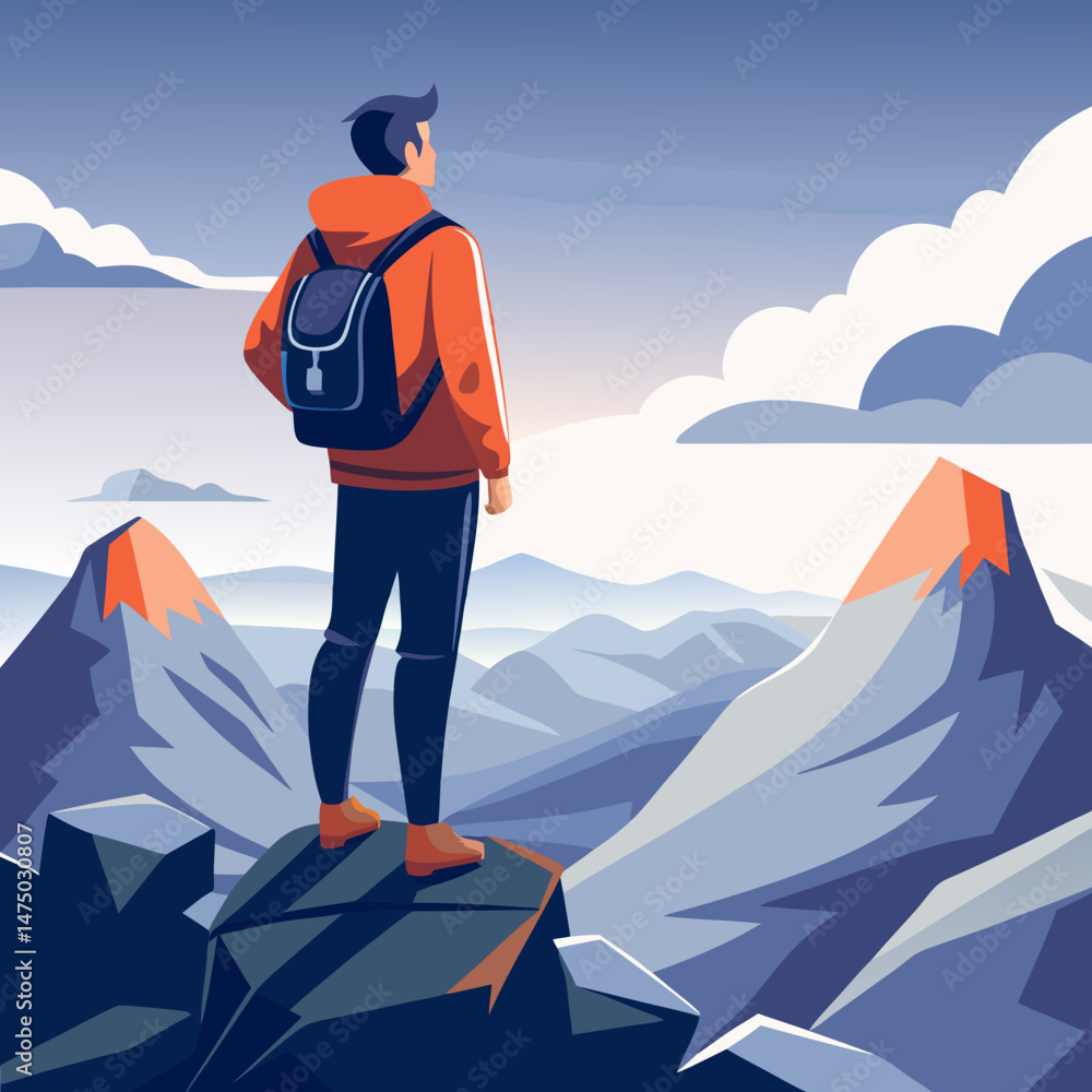 Fototapeta premium Hiker Contemplating Majestic Mountain Range View