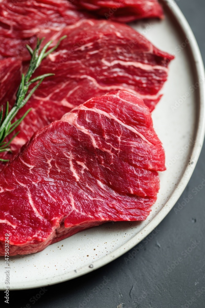 Freshly cut beef slices with herbs ready for cooking at a kitchen countertop Freshly cut beef slices with herbs ready for cooking at a kitchen countertop