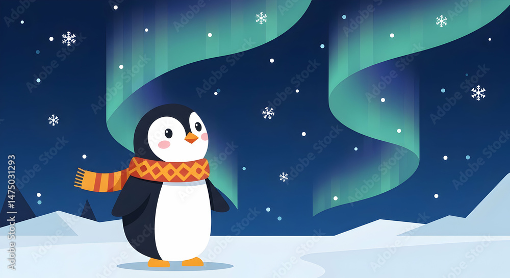 Fototapeta premium Adorable Penguin Watching the Magical Northern Lights Winter Wonderland Cute Cartoon Illustration