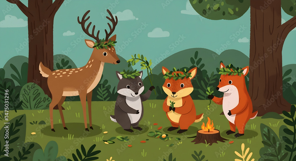 Naklejka premium Cute forest animals celebrating nature friendship deer fox raccoon woodland wildlife cartoon illustration