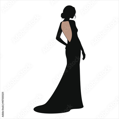 Vector Silhouette of a Woman in a Backless Gown/A sophisticated silhouette of a woman wearing a stylish, backless evening gown.