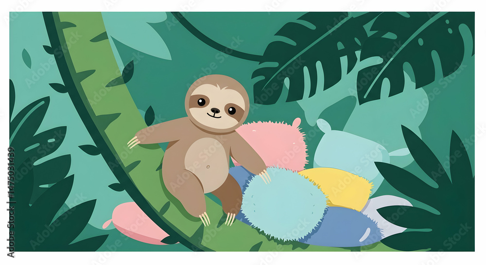 Naklejka premium Adorable Sloth Relaxing in Lush Rainforest Canopy Cute Cartoon Animal Illustration for Kids Room Decor