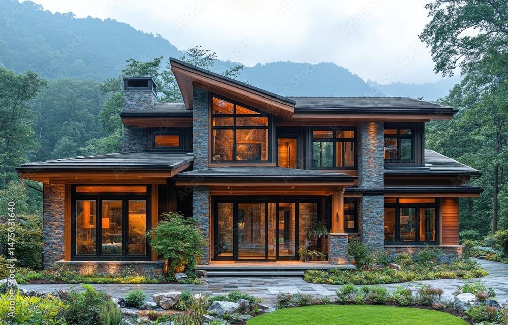 Mountainside modern home, evening lighting, landscaped yard Mountainside modern home, evening lighting, landscaped yard