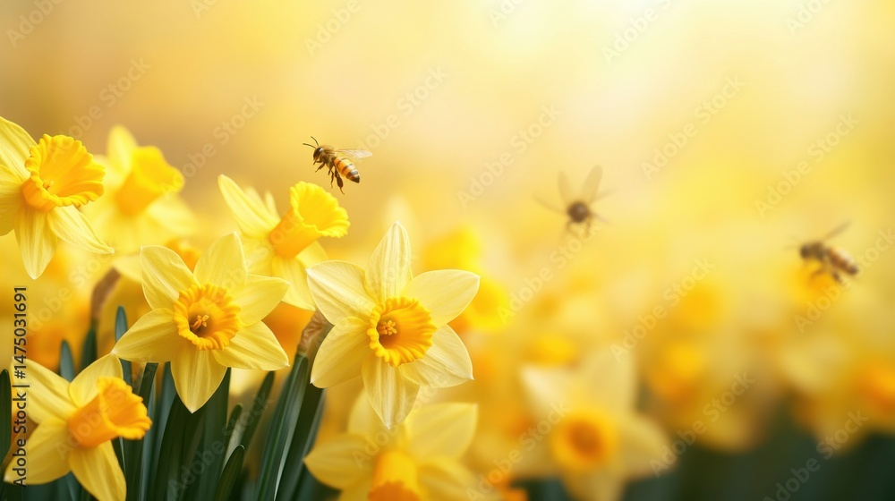 Fototapeta premium Vibrant Daffodils in Bloom with Bees Buzzing in Sunny Meadow