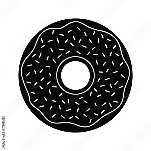 Black and white donut illustration featuring sprinkles and a hole in the center for graphic design and branding