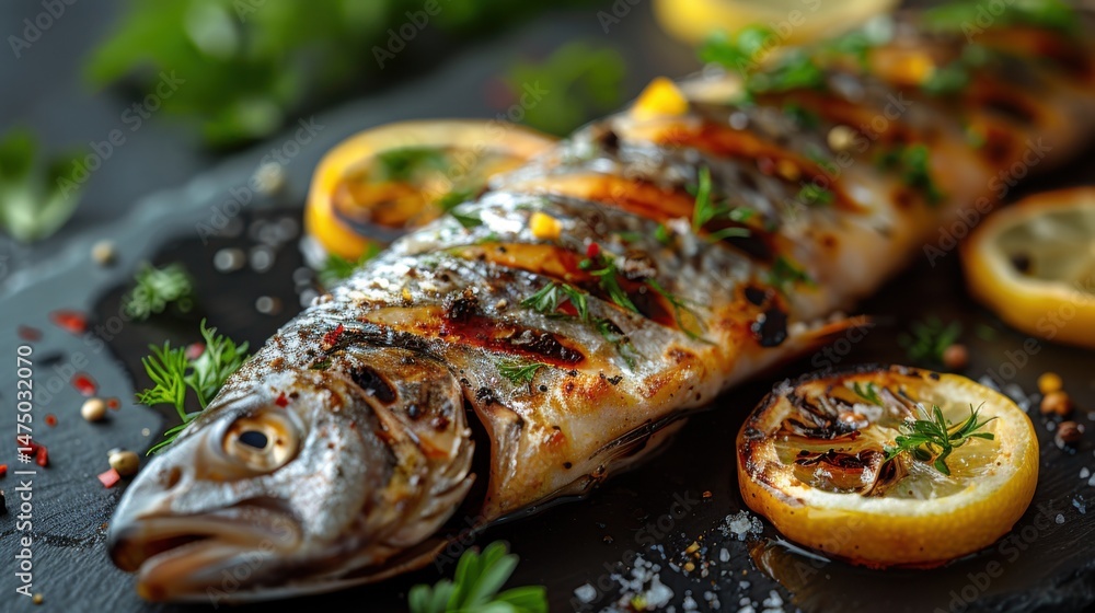 This visually stunning dish features perfectly grilled fish garnished with fresh herbs and lemon slices, offering a feast for the senses and an example of culinary artistry. This visually stunning dish features perfectly grilled fish garnished with fresh herbs and lemon slices, offering a feast for the senses and an example of culinary artistry.