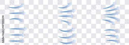 Set of blue arrow showing wind air flow isolated on white background, air direction signs