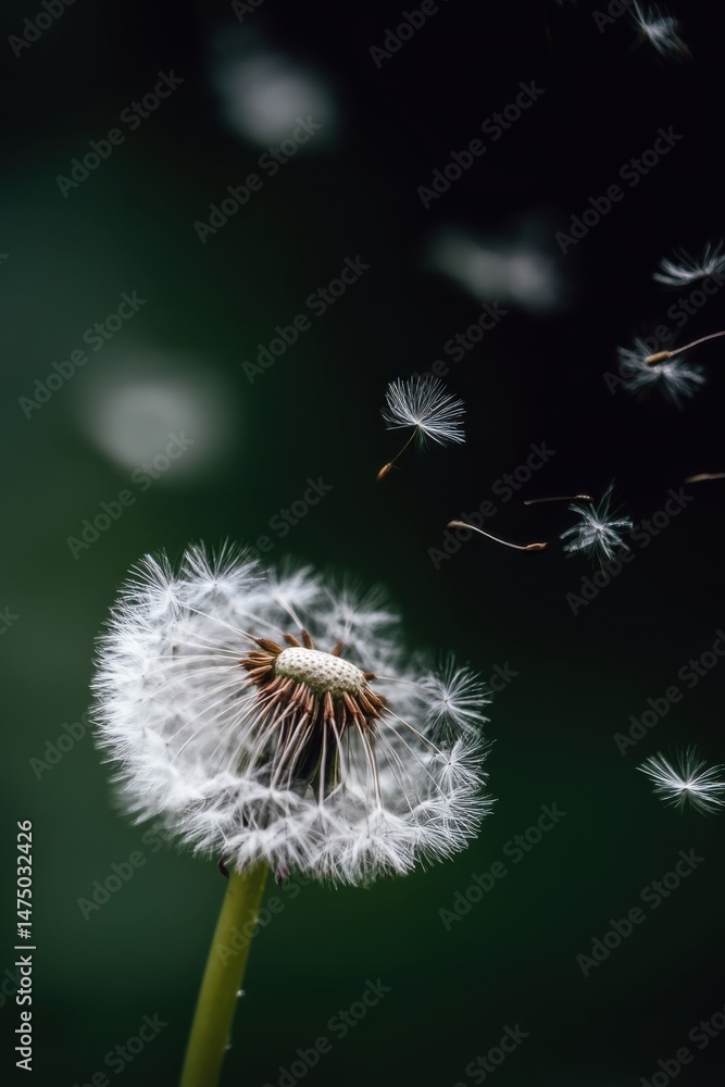 Fototapeta premium Dandelion puff releasing seeds in a natural setting during a calm afternoon