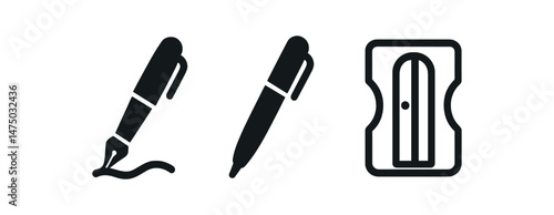 Icon set of fountain pen, ballpoint pen, and pencil sharpener in black