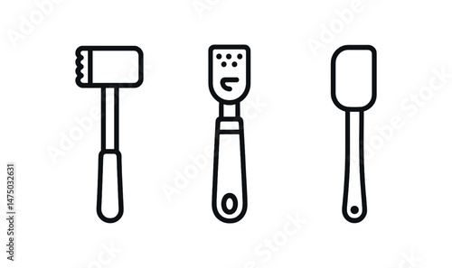 Kitchen utensil icons - meat tenderizer, spatula, grater in black and white design